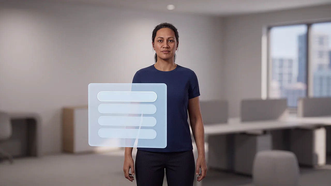 A woman stands in an open-plan office with a floating panel of replies in front of her, no headset in the room.