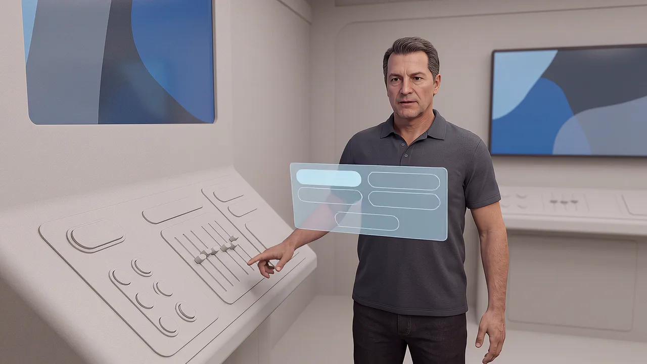 A man stands at a pale console and points at a floating panel of controls, screens on the wall behind him.