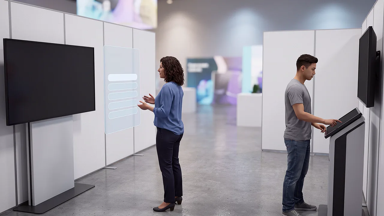 Two people test exhibits in an expo space, an event activation seen from inside it.