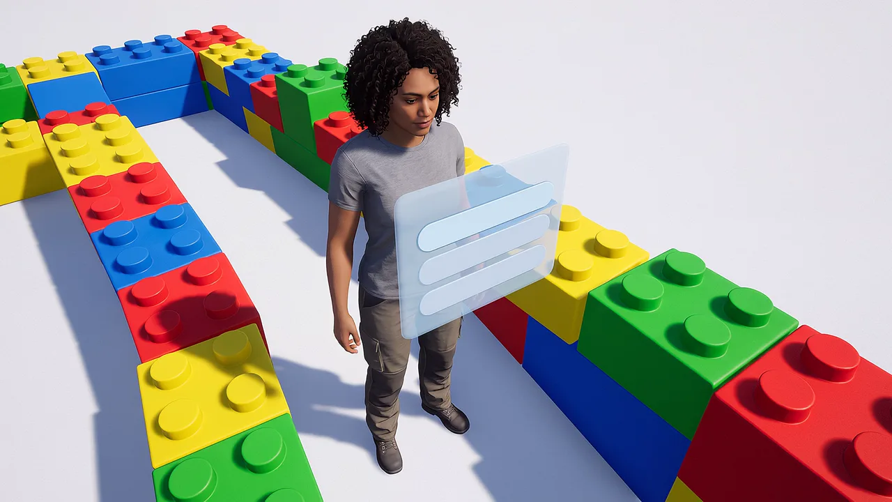 A player walks a corridor of giant building blocks with a floating panel ahead. A rapid prototyping scenario for fast builds.