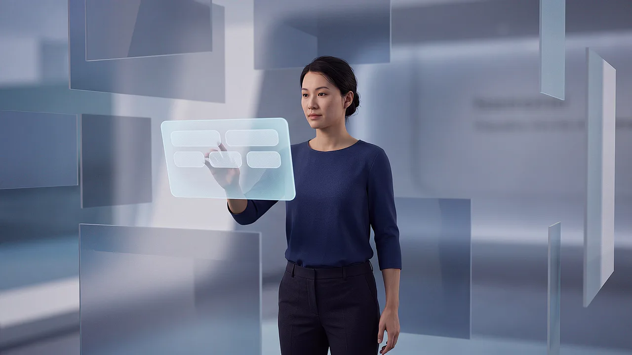A woman reaches toward a floating panel among translucent glass panes, no headset in the room.