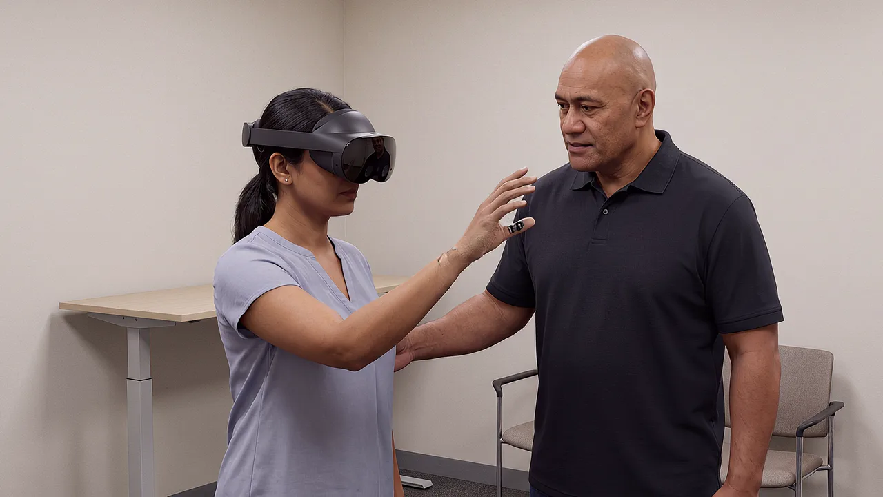 A facilitator adjusts a headset for a seated learner in a workshop room.