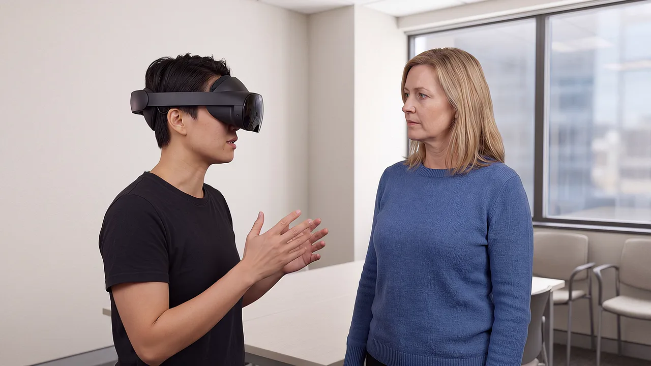 A facilitator and participant discuss a completed staged exchange. A VR training scenario for immersive XR.