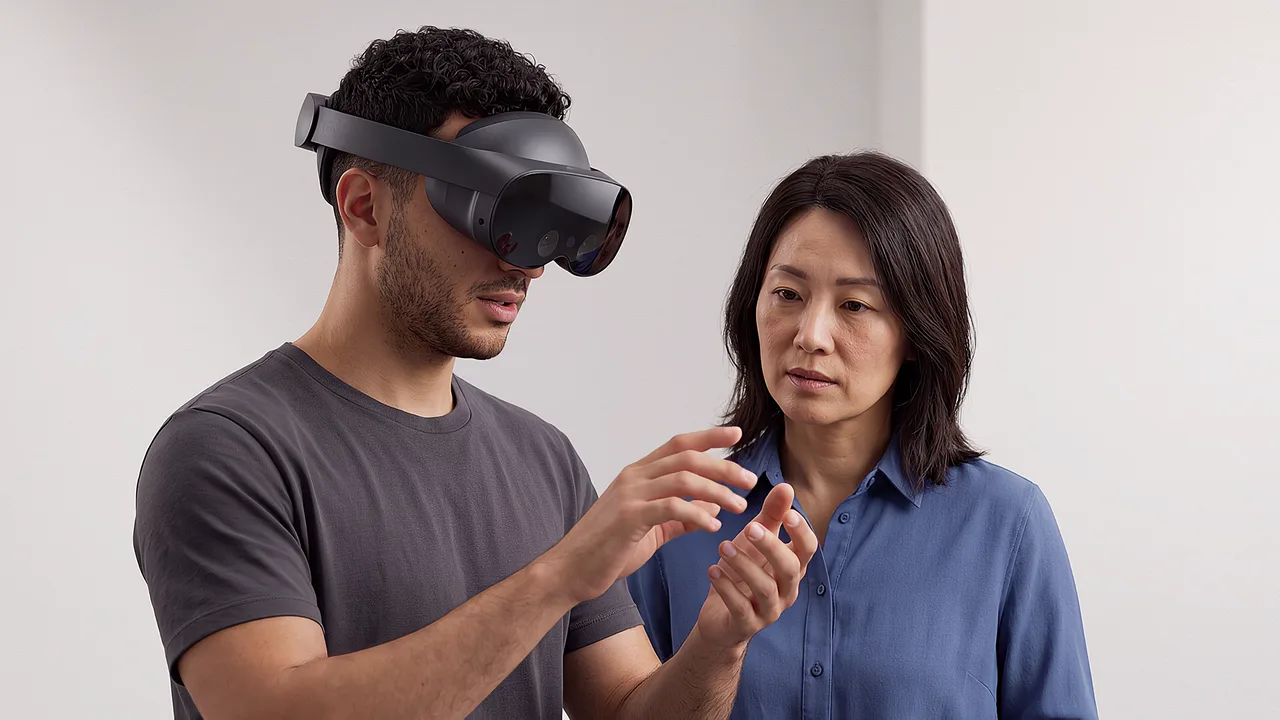 A participant tests hand movement while a coach observes. A VR training scenario for immersive XR.