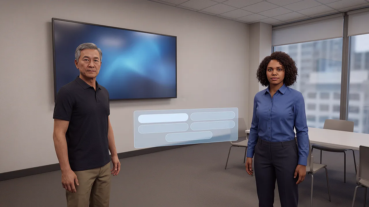 Two colleagues wait for a briefing in a meeting room, seen through the headset.