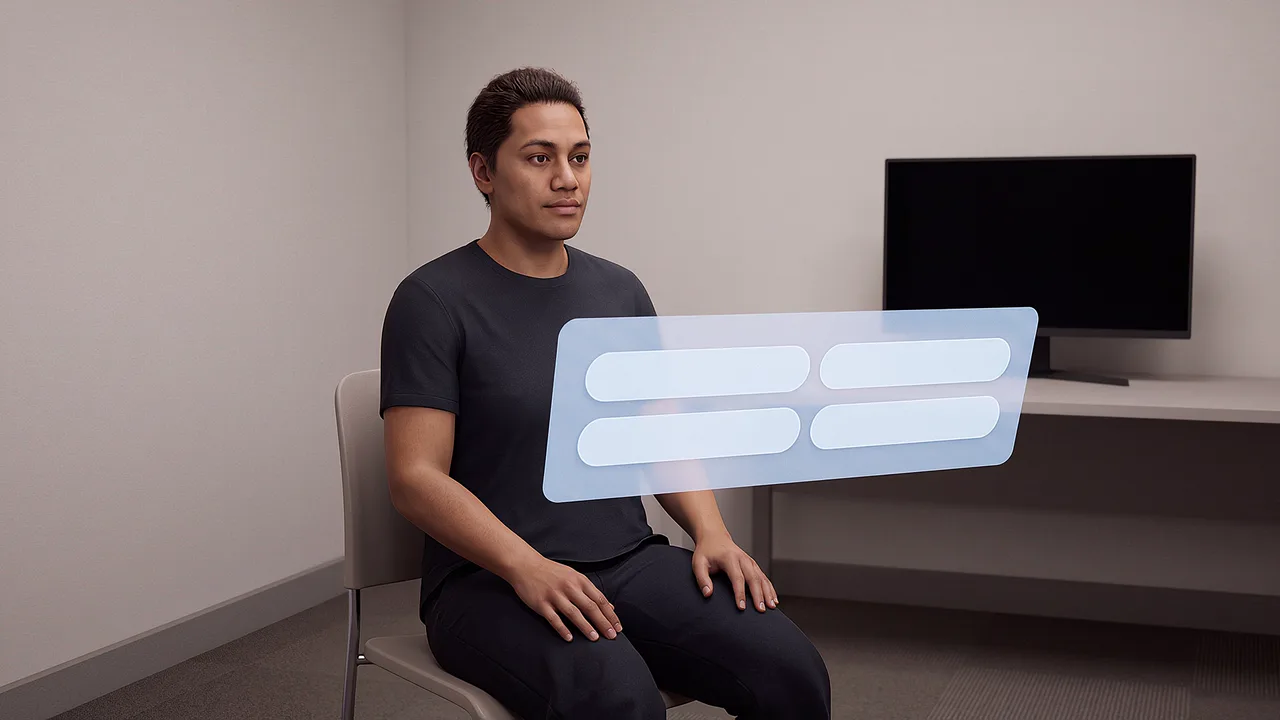 A learner faces you in a coaching room, seen through the headset.
