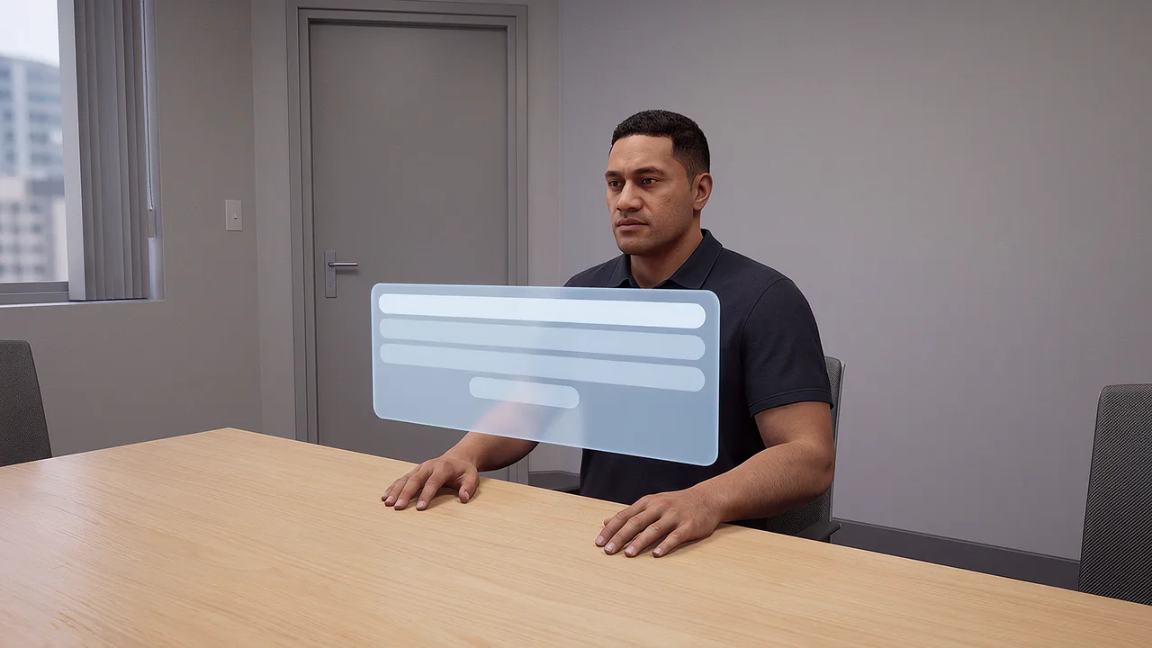 A colleague faces you across a bare table with a floating panel of replies in front of him, seen through the headset.