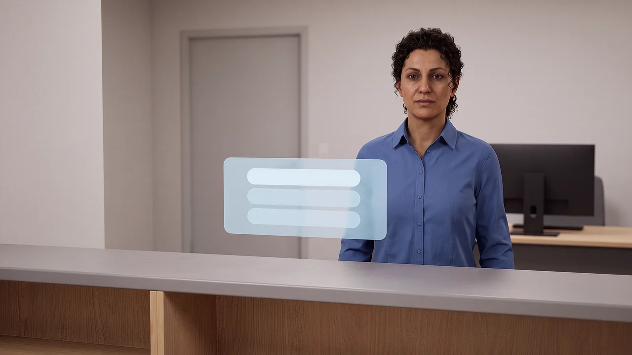 A customer stands across a plain service counter, seen through the headset, a panel of replies waiting.