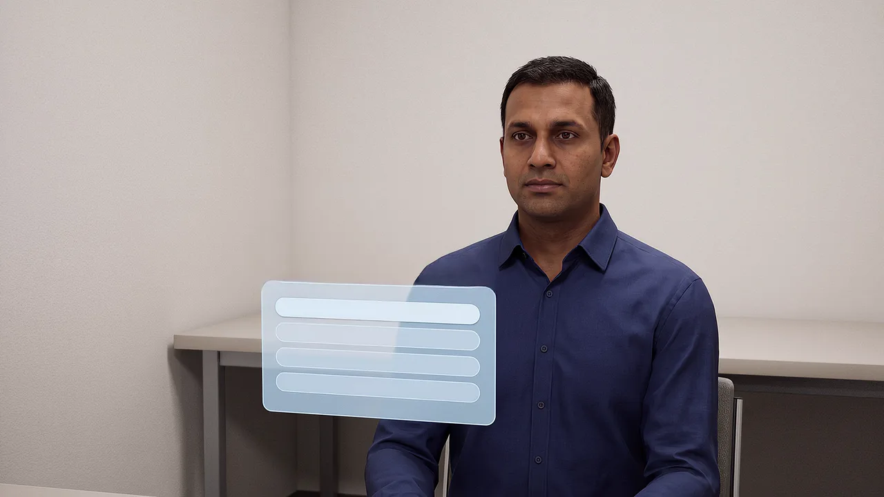 An interviewer faces you across a spare room, seen through the headset.