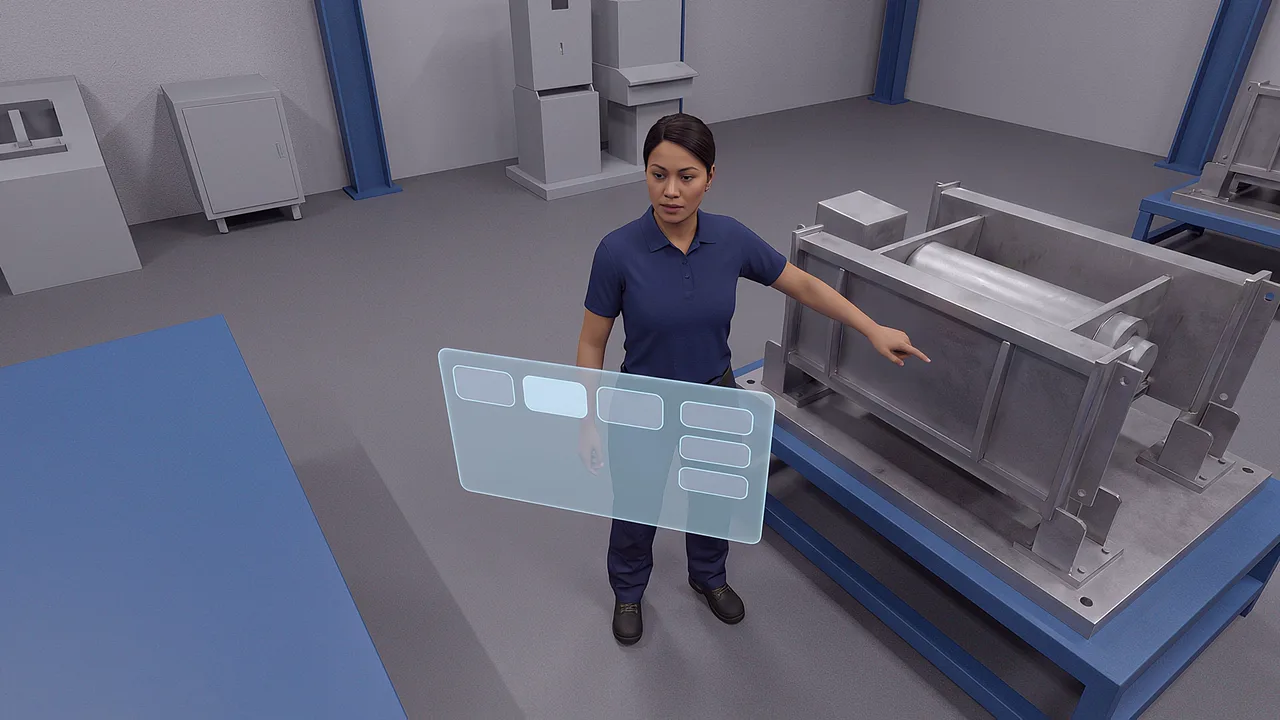 An instructor stands beside parts in the bay. A first person VR training scenario for immersive training and roleplay, seen through the headset.