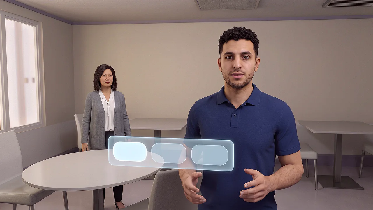 A man in a blue shirt speaks across a team room with a floating panel of replies in front of him, seen through the headset.
