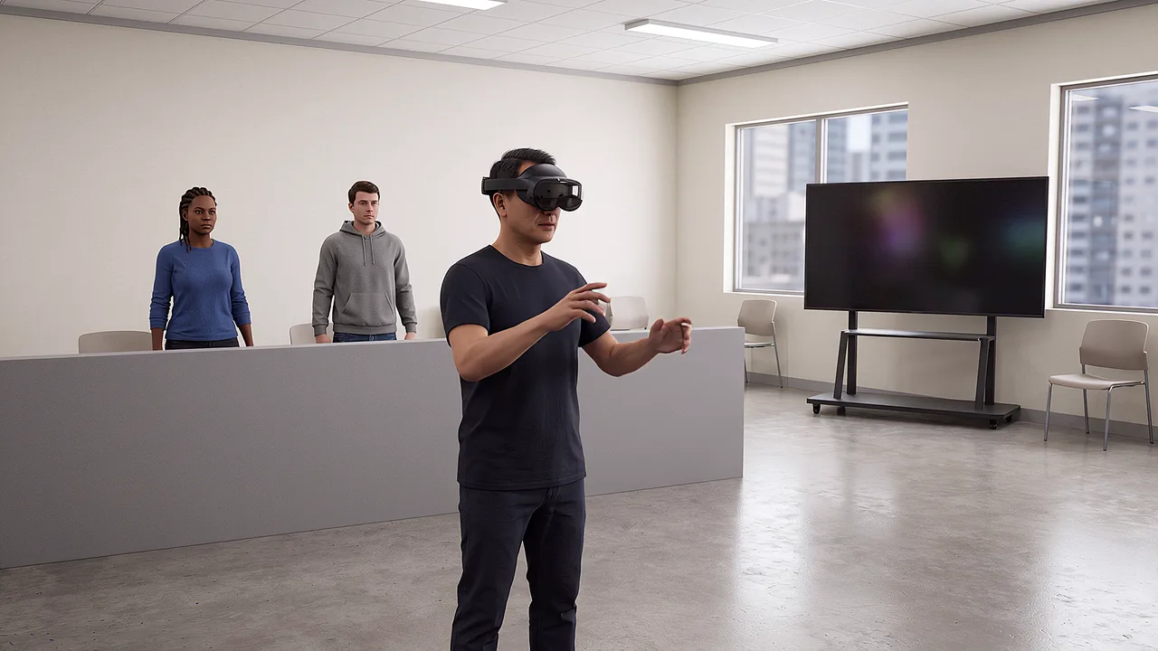 A participant rehearses in the headset while observers watch from another part of the room.