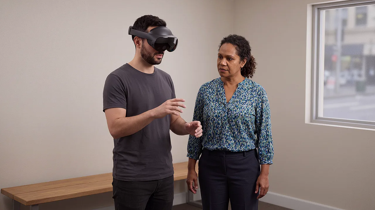 An observer and a participant share a perspective-taking room, the participant wearing the headset.