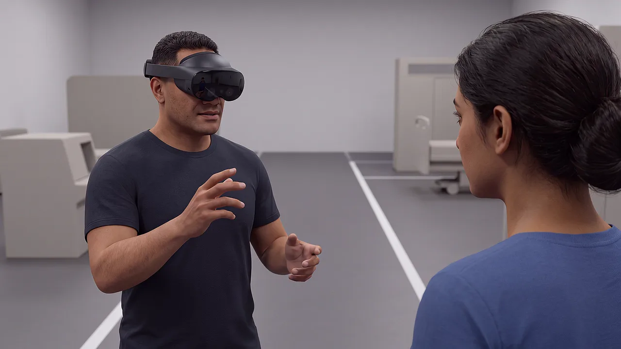Two participants rehearse a safety walkthrough. A VR training scenario for virtual reality training and simulation.