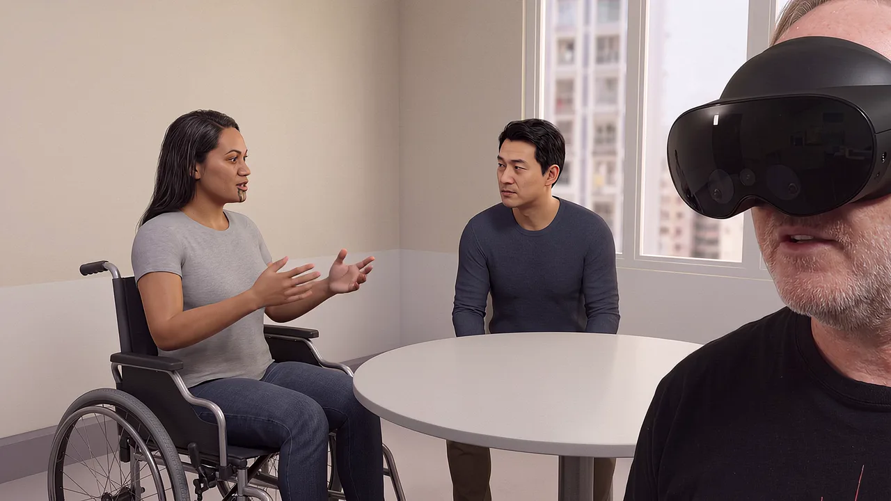A wheelchair user and colleague rehearse a conversation. A VR training scenario for virtual reality training and simulation.