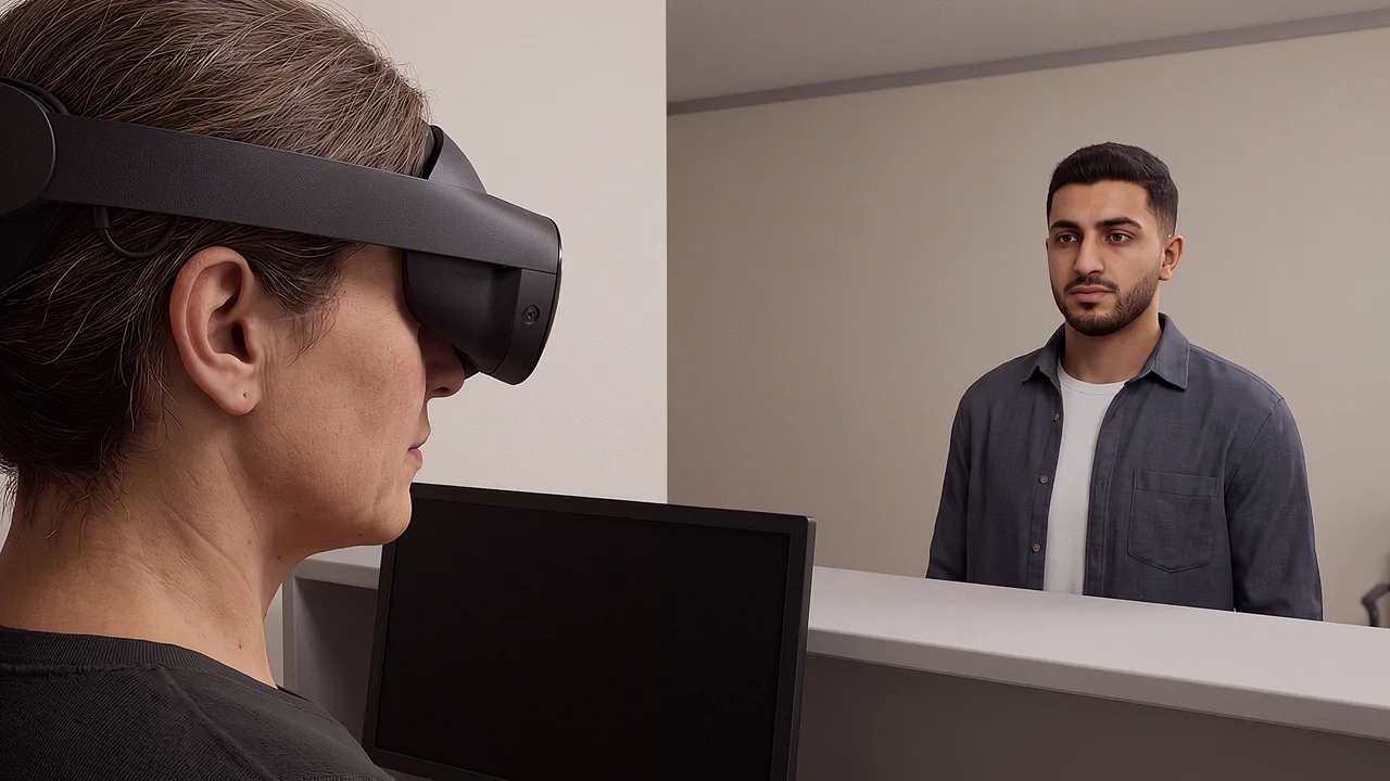 People practise a service conversation. A VR training scenario for virtual reality training and simulation.