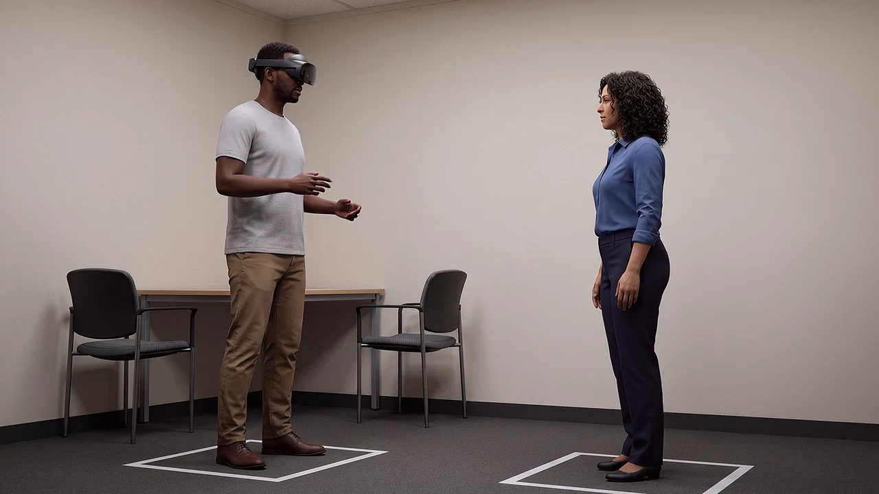 A man wearing a headset faces a colleague standing opposite on marked floor squares in a plain room.