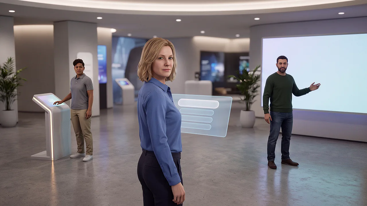 Three people at separate points in a demonstration space, each beside its own interaction point. A first person AI roleplay scenario for applied AI in sensitive conversations, seen through the headset.
