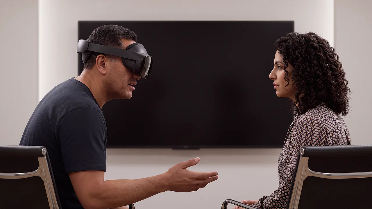 A headset-wearing coach leans towards their practice partner. An AI roleplay scenario for AI roleplay and practice.