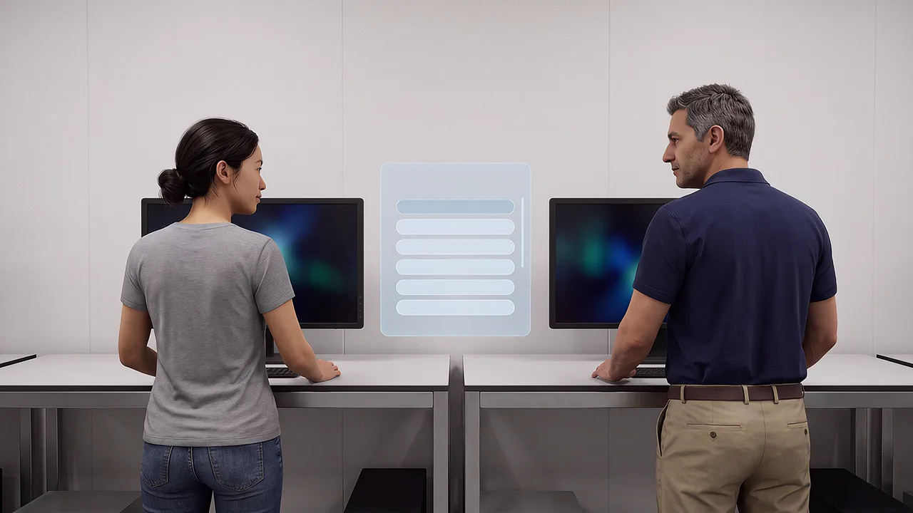 Designer and developer at side-by-side desks.