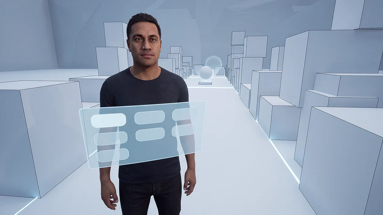 A hand nudges a wireframe block. A first person rapid prototyping scenario for web experiences, seen through the headset.
