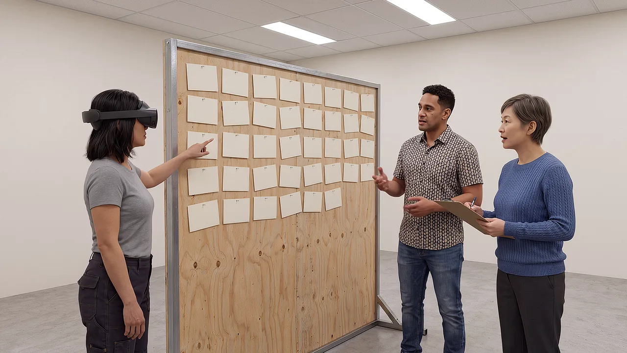 A standup in front of a wall of notes at the start of a project, the discovery and consultation step.