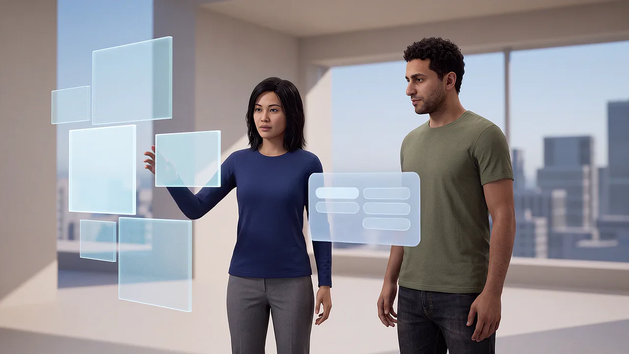 Two people review a web build as floating panels in a city-view office. A rapid prototyping scenario for fast builds.
