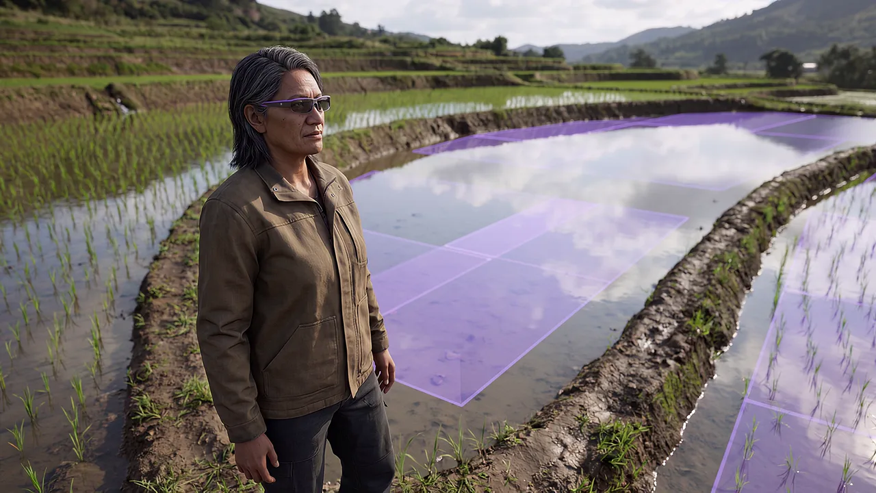 Violet fields beside rice seedlings. A VR training scenario for augmented reality.