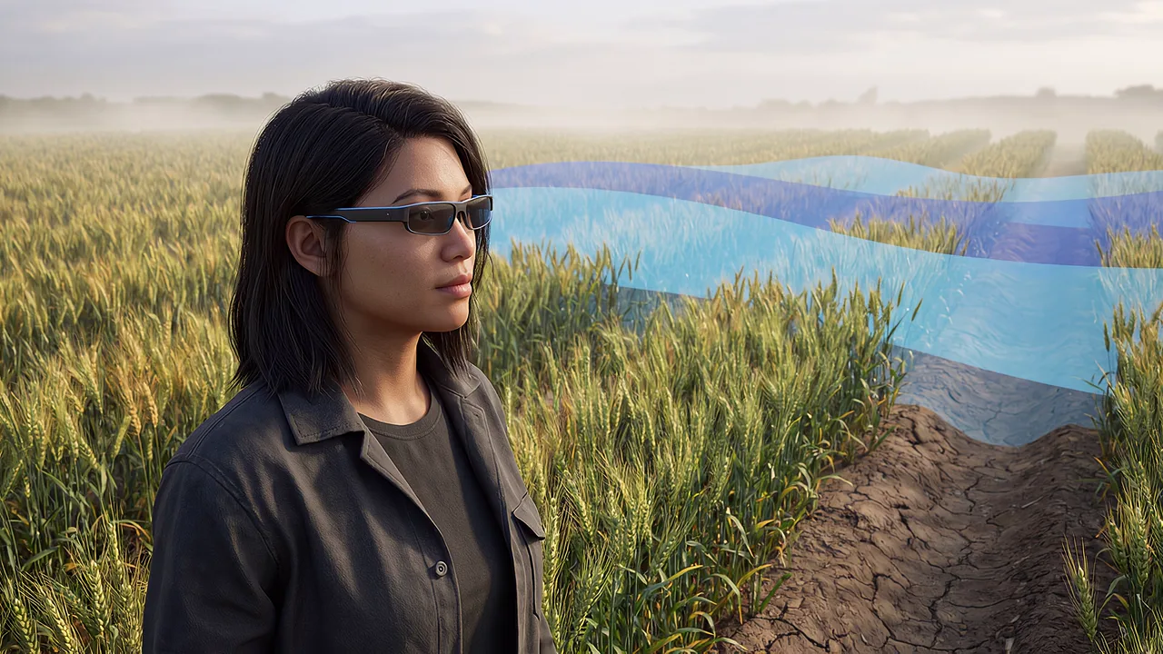 Blue bands cross a wheat field, seen by a woman in smart glasses. A VR training scenario for augmented reality.