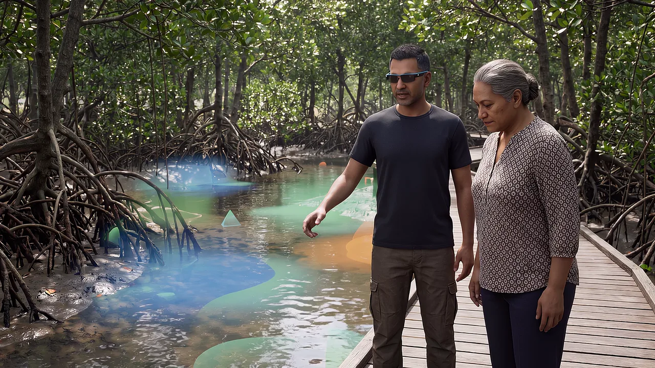 Colour layers beside mangrove roots. A VR training scenario for augmented reality.
