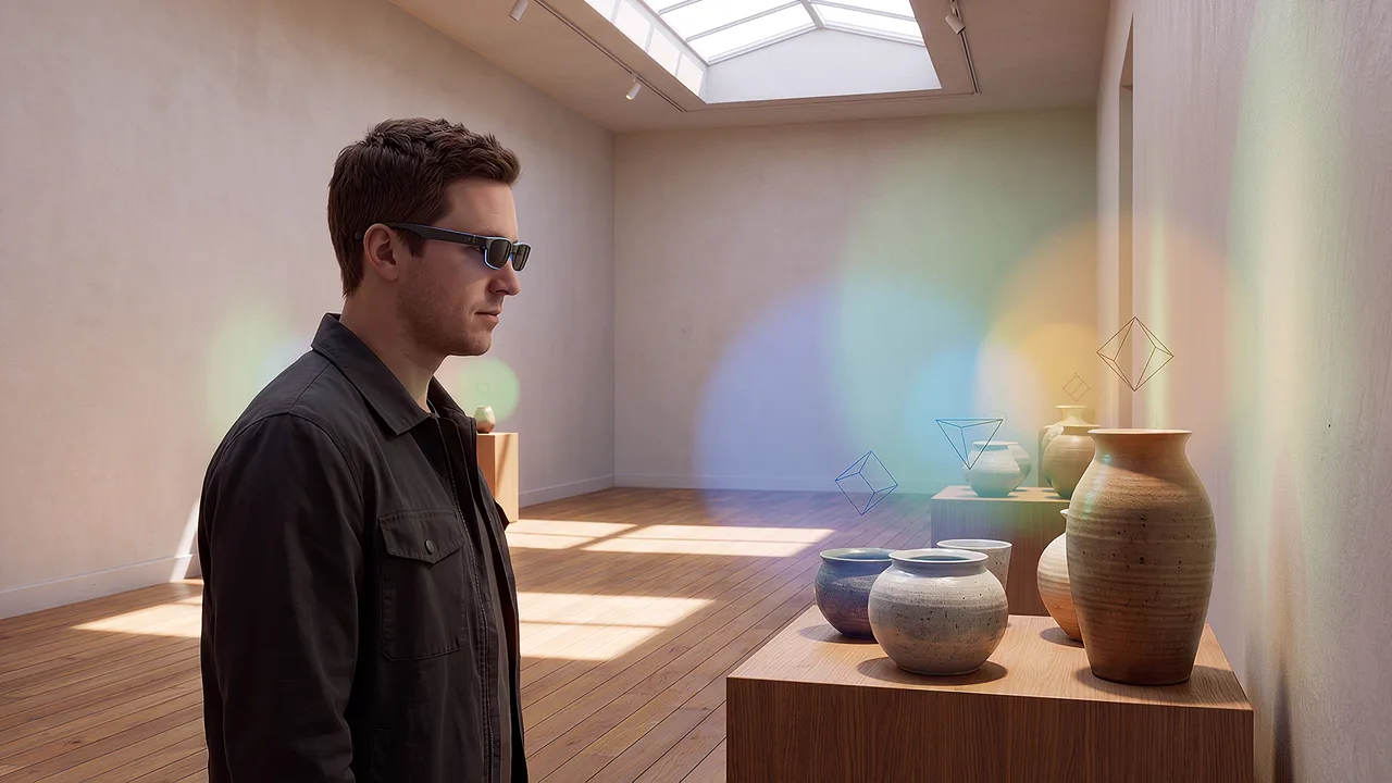 A man in smart glasses looks across a gallery of ceramics as colour halos surround them. A VR training scenario for augmented reality.
