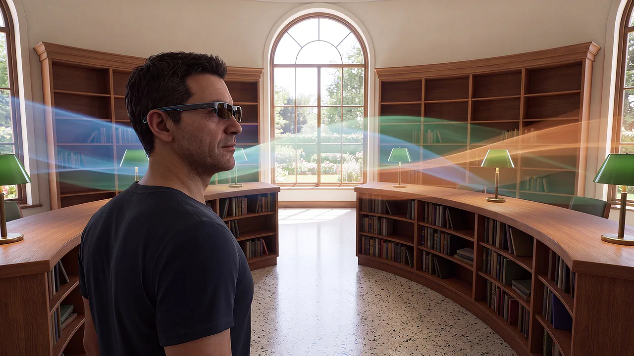 A man in smart glasses looks across a library rotunda as colour ribbons trace the shelves. A VR training scenario for augmented reality.