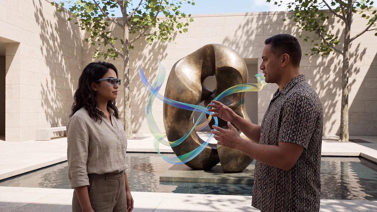 Colour ribbons around a bronze sculpture. A VR training scenario for mixed reality.