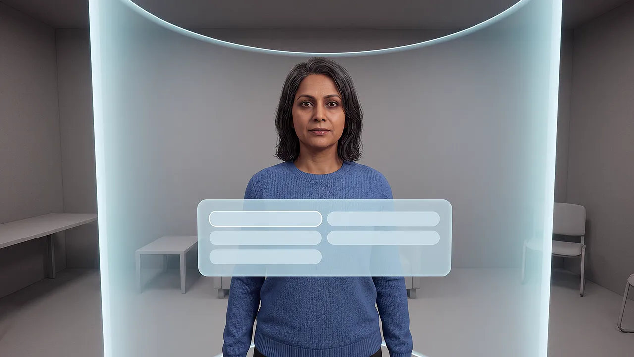 A woman stands inside a glowing curved boundary with a translucent panel in front of her, a safety net drawn around a conversation.