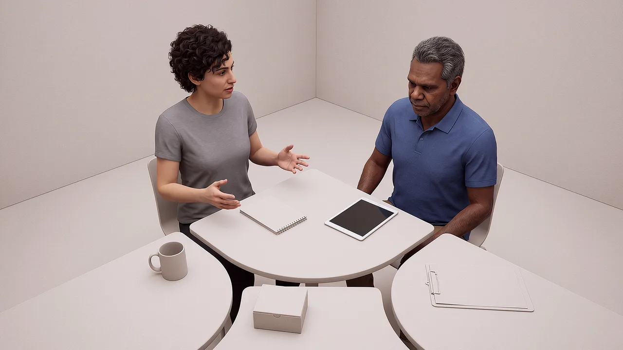 Two people arrange follow-up objects. An AI roleplay scenario for digital twins.