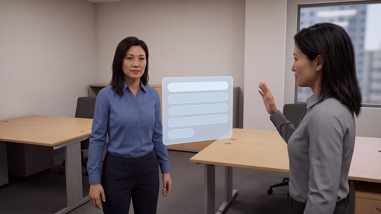 A professional faces her own digital twin. An AI roleplay scenario for digital twins.