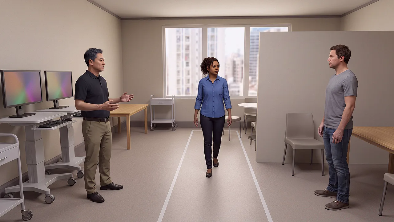 Three people rehearse a twin handoff. An AI roleplay scenario for digital twins.