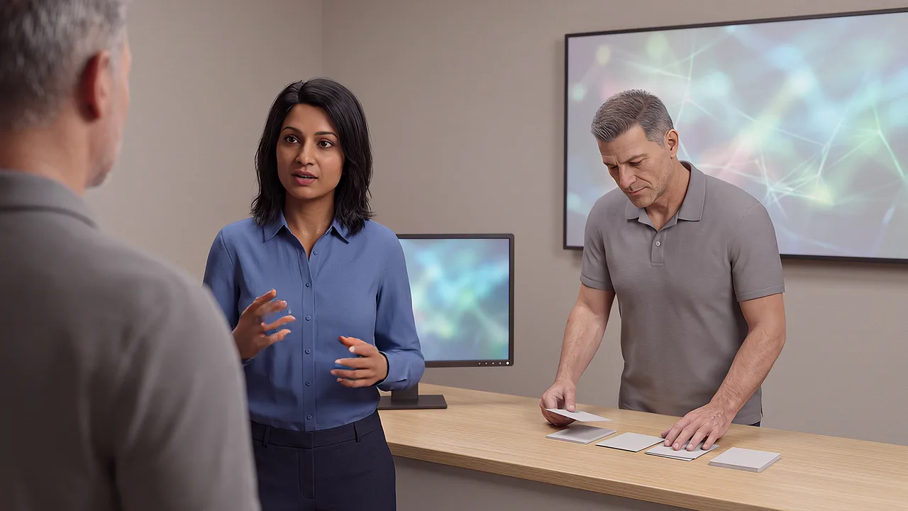 Colleagues stand at a bench sorting blank cards, another watching from the foreground, monitors behind them.