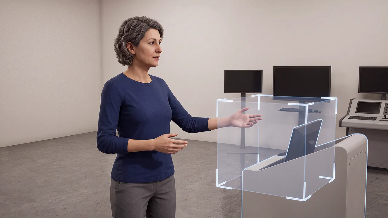 A practitioner draws two controls inward and the translucent boundaries around an AI station contract. An AI roleplay scenario for applied AI in sensitive conversations.