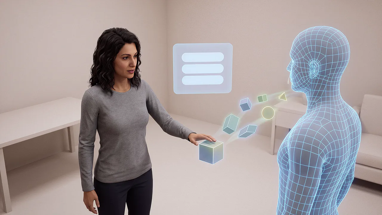 A woman guides small glowing shapes toward a wireframe human figure, a panel of blank lines on the wall behind them.