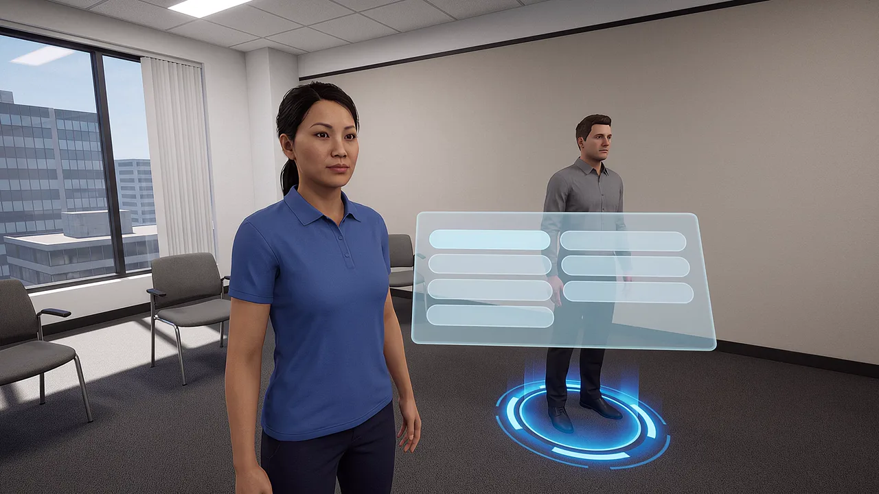 A facilitator stands beside a floor marker. A first person rapid prototyping scenario for event experiences and activations, seen through the headset.