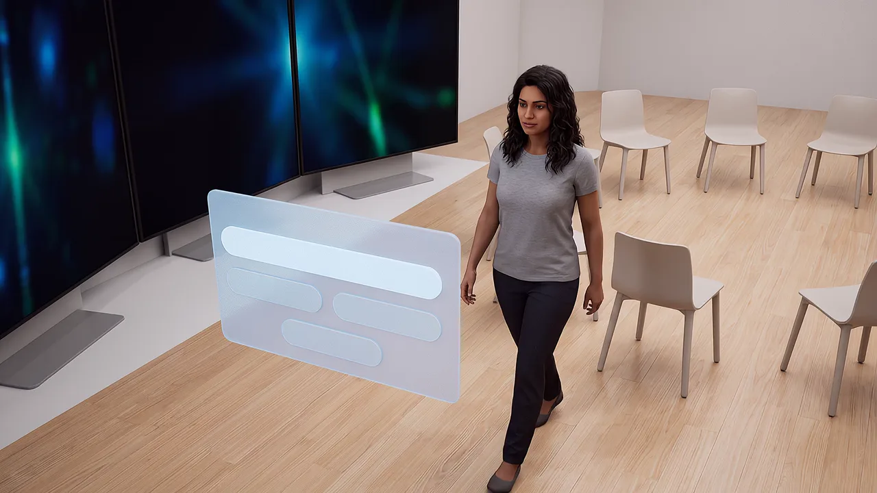 A participant follows a lit pathway. A first person rapid prototyping scenario for event experiences and activations, seen through the headset.