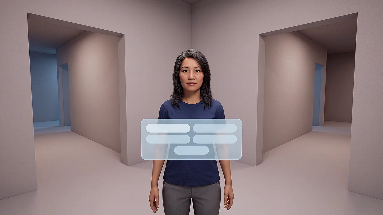 A player stands between two exits. A first person rapid prototyping scenario for games and interactive experiences, seen through the headset.