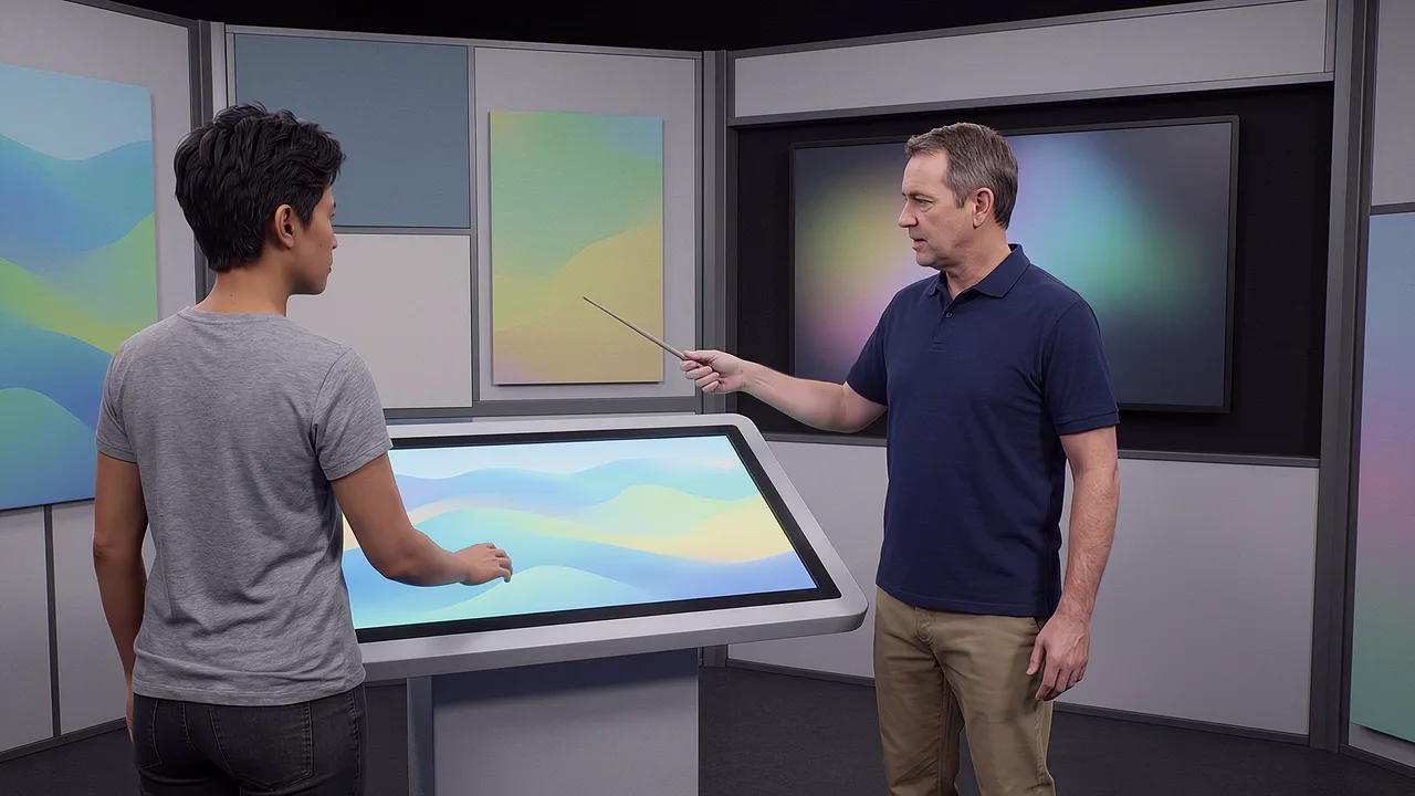 A man with a pointer and a colleague at a large touch table trace a soft gradient scene in a studio hung with panels.