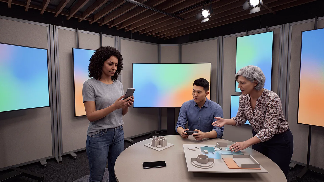 A team works around a table of models.