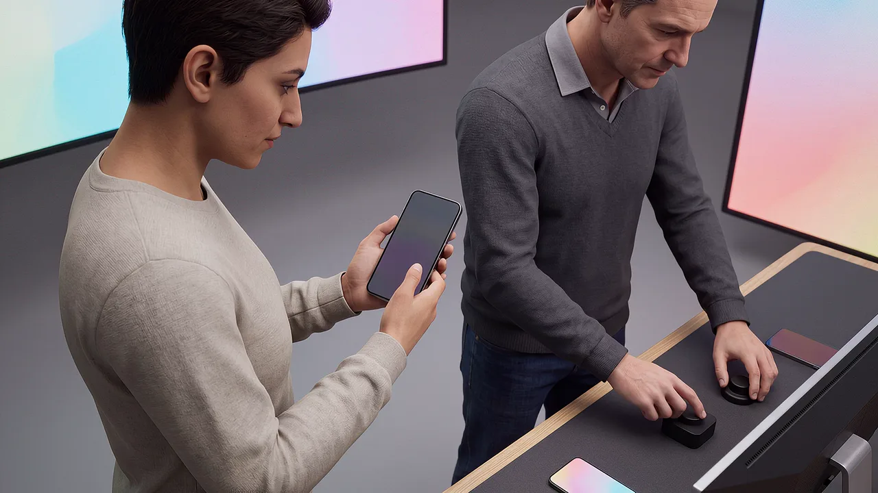 Two people stand over phone task objects. A rapid prototyping scenario for fast builds, from idea to working product.