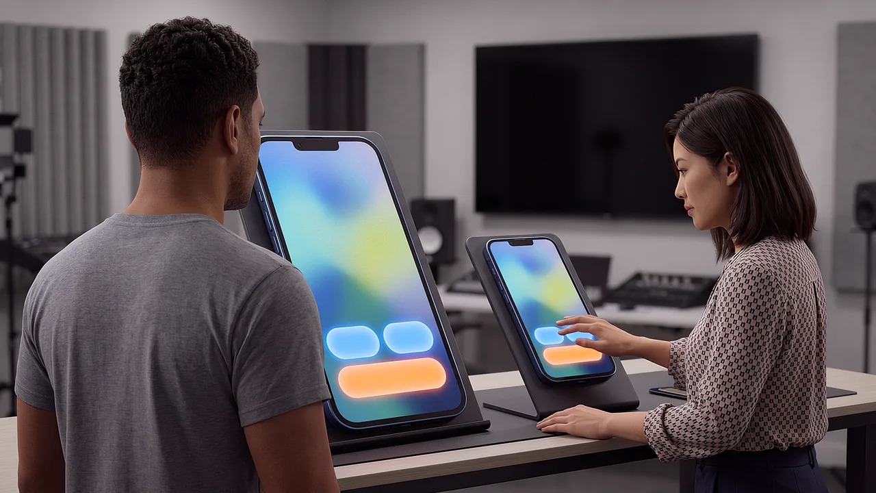 A tester types a message into a phone beside a designer. An AI roleplay scenario for digital twins.
