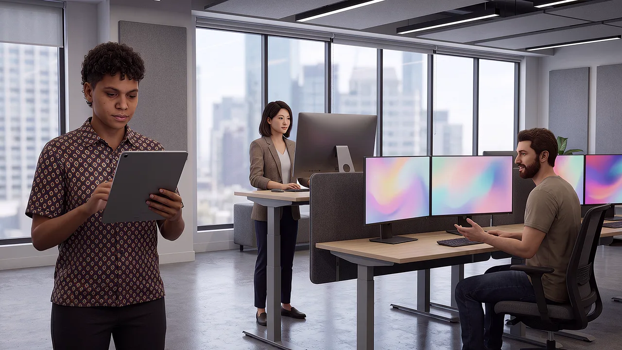 Three builders stand among desktop stations. A rapid prototyping scenario for fast builds, from idea to working product.