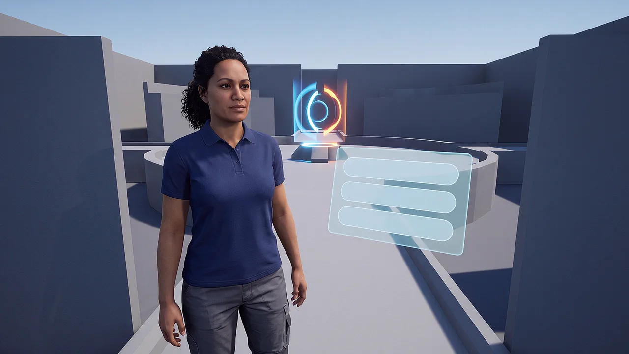 A person touches rising pathways. A first person rapid prototyping scenario for rapid custom builds, seen through the headset.