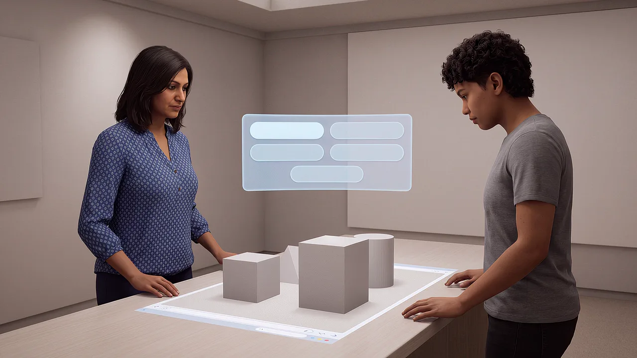 Two visitors inspect tabletop forms. A first person rapid prototyping scenario for web experiences, seen through the headset.